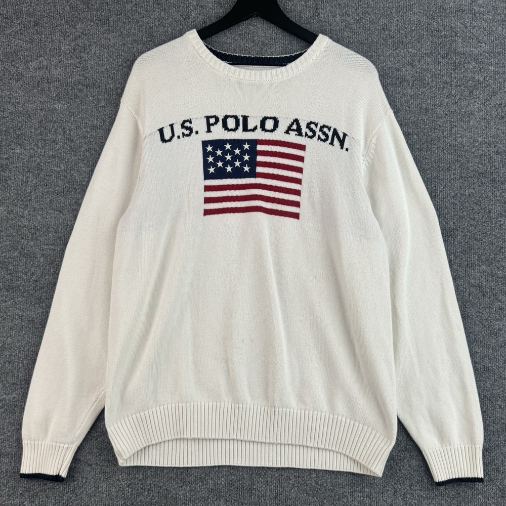 U.S. Polo Assn. Sweater Mens XL White American USA Flag Cotton Knit Crewneck